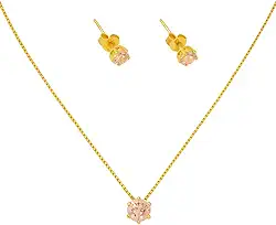 Conjunto Colar e Brincos Banhado a Ouro com Zircônia Rosa Claro – Lunnanel Semijoias