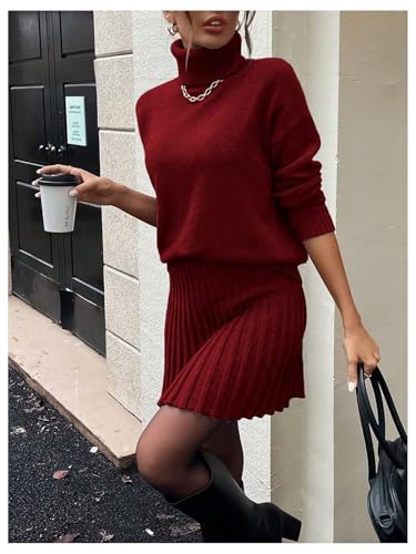 Image of MakeMeChic Women's Sweater Skirt Sets 2 Piece Outfits Ribbed Knit Mock Neck Sweater Pullovers A Line Mini Skirt Set S-Red Large