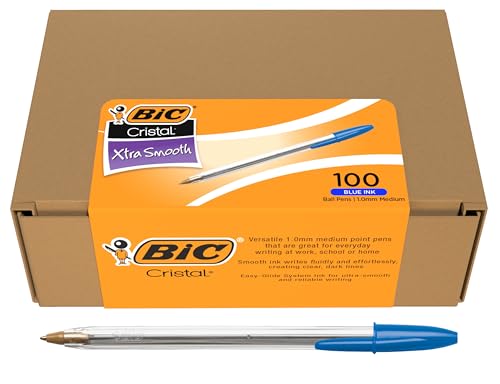 BIC Cristal Xtra Smooth Ballpoint Pen, Medium 1.0 mm Point and Easy-Glide Ink for Everyday Writing, 100-Count Pack in Blue Ink - image 1