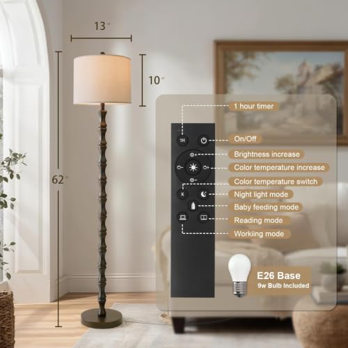 Image of BOBOMOMO 62 inch Rustic Farmhouse Floor Lamp Dark Brown with Remote & Dimmable 9W Bulb, 3 Color Temperatures Resin Standing Lamp, Retro Tall Lamp for Living Room, Bedroom, Nursery, Office, Reading Nook