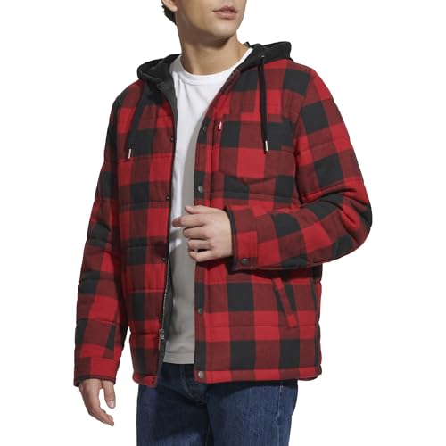 Image of Levi's mens Plaid Sherpa Lined Hooded Shirt Jacket (Regular & Big & Tall Sizes)