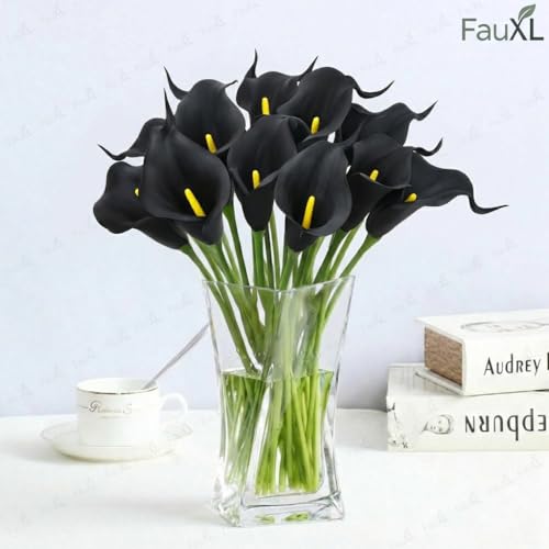 Image of 10 Pcs Artificial Calla Lily Flowers Bunch for Vase and Flower Pots- Premium Real-Look Faux Lily Stems for Home Decor, Living Room, Bedroom, Office Decoration (Vase not Included) (Black)