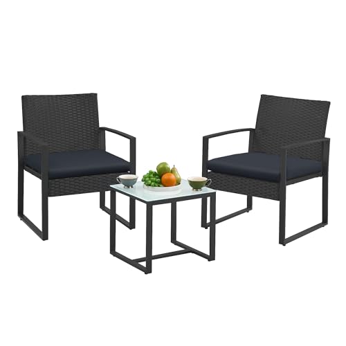 SONGMICS Balkonmöbel, Gartenmöbel-Set, aus PE-Polyrattan, Lounge-Set, Tisch und 2 Stühle, Terrassenmöbel, einfache Montage, Outdoor, für Terrasse, Balkon, Garten, schwarz GGF010B05
