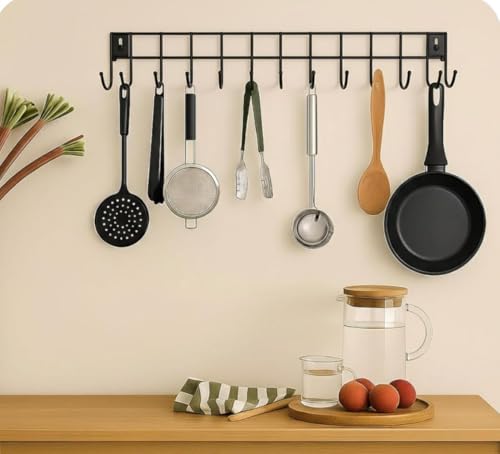 Image of 12 Hooks Wall Mounted Kitchen Utensil Hanger Rack | Heavy Duty Metal Storage Holder for Cooking Tools, Pans & Accessories | Space Saving Organizer for Kitchen & Bathroom (Black, 3 Pc)
