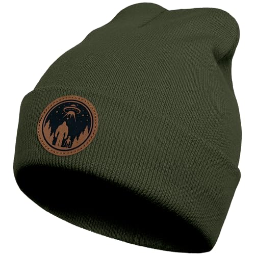 Image of Big Foot Beanie Hat, Sasquatch Leather Patch Winter Knit Skull Cap Bigfoot Gifts for Adult Men Women
