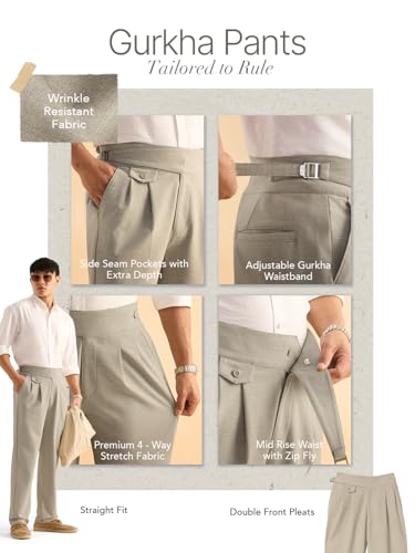 Image of The Souled Store: Gurkha Pants Men and Boys Solid Polyester Blend Straight Fit Adjustable Waistband 4-Way Stretch Wrinkle Resistant Pleated Front Trousers