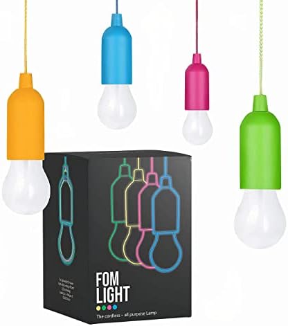 Fomlight Kids Lights for Treehouse Playhouse, Safe Touch Hanging Lamp with Pull Chain Battery Operated, Light Bulb on a Pull Rope for Camping - 4pc