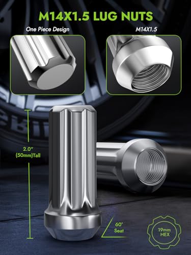 Image of AUTOPTIM M14x1.5 Spline Lug Nuts - 24Pcs Chrome Long Wheel Nuts with Socket | Replacement for 1999-2025 Chevy Silverado 1500, 2009-2025 Traverse, 1988-2025 GMC Sierra 1500, 2006-2025 Acadia Aftermarket