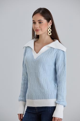 Image of Sweaters for Women Fashion Long Sleeve Lapel Collar V Neck Casual Knit Color Block Pullover Sweater