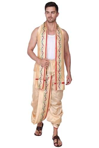 Image of Rameshwaram Fabrics Readymade Dhoti for Men, Velcro Style Stitched Mens Silk Dhoti Pant with Stole Set