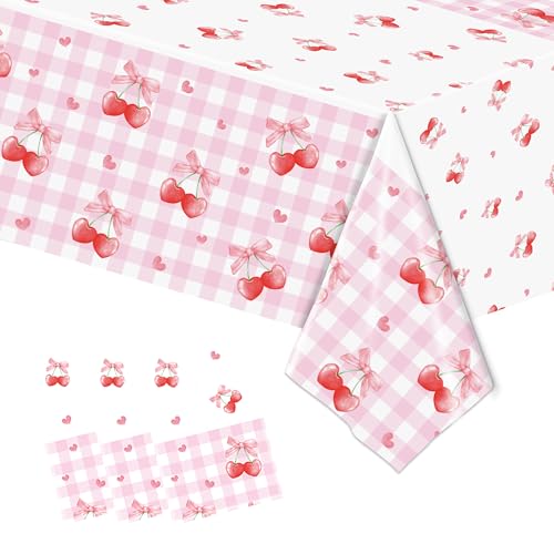 Image of 3PCS Cherry Tablecloth Birthday Party Decoration, Cherry Plastic TableClothes Disposable Waterproof Rectangle Bow Favor Tablecovers for Birthday Baby Shower Bridal Bachelorette Party Decor Supplies
