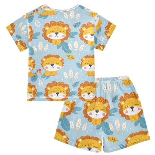 ALAZA Lovely Lion Pajamas Set Short Sleeve Cotton Sleepwear Summer Pjs 2 Piece 5-14Y2