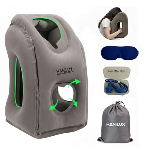 Inflatable Travel Pillows for Airplanes, Blow Up Travel Pillow for Train Office Car with Chin and Neck Support, Inflatable Travel Pillow for Sleep Support with Eye Mask,Storage Bag & Earplugs (Gray)