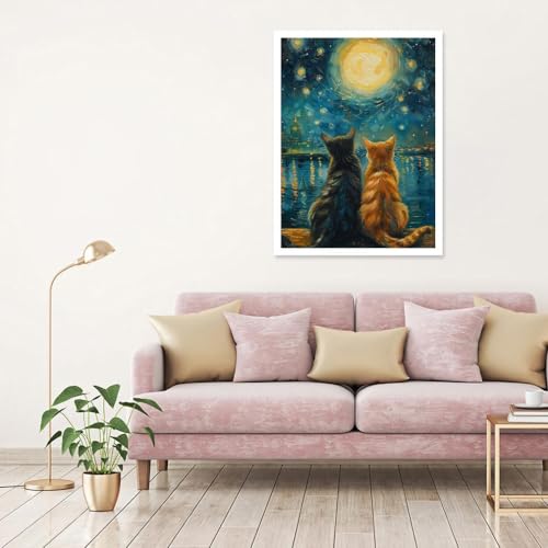 Image of Cat Paint by Numbers for Adults with Easel, Framed Painting by Numbers kit on Canvas for Beginners, Starry Night Oil Painting Set Craft Supplies, 3 Paintbrushes and Acrylic Paint 12x16 Inch