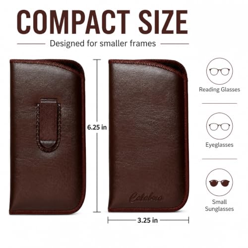 Image of Calabria Slim Eyeglass Case with Felt Lining -Brown (3 Pack) PU Leather | Soft Slip-In Glasses Sleeve | Pocket Clip Option | Protective Slim Eye Glasses Case Soft Pouch