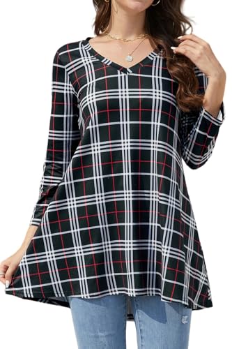 Enmain Blusas de Mujer Elegantes Tallas Grandes Manga Larga Camisetas Cuadros Mujer Holgada Cuello V Casual Túnica Elasticidad Camisas Manga 3/4 T Shirt Negro 2XL