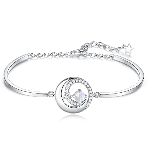Fancime Genuine Moonstone Bracelets June Birthstone 925 Sterling Silver Moon And Star Bangle Charm Bracelet Gemstone Fine Jewelry Birthday Christmas Gifts For Women Girls Her, 6.7"+1.2" Extend #TOP23