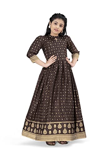 Image of Fashion Dream Girls Dola Silk Maxi Length Flared Foil Printed Dress|Maxi Dress|Long Dress|Printed Dress|Printed Maxi Dress(Brown 11-12 Year)