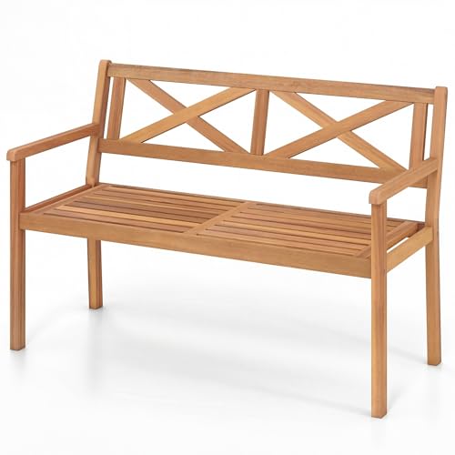 Image of Giantex 2-Person Outdoor Bench, 47 inch Patio Acacia Wood Loveseat with Slatted Seat, Armrests & X-Shaped Backrest, Wooden Garden Seating for Backyard, Porch, Deck, Poolside