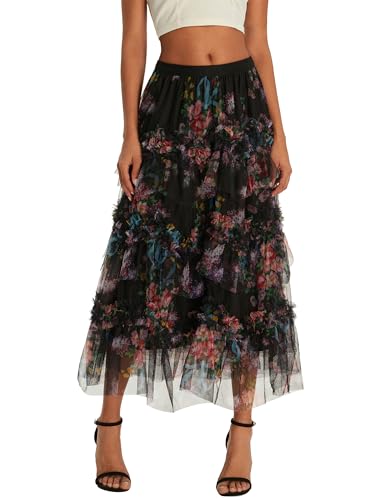 Women's Velvet Floral Mesh Skirt Elastic High Waist Double Layered Midi Skirt 3D Floral Print Tutu Tulle Skirt