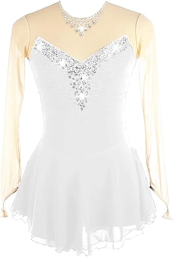 Figure Skating Dress,Girls Black Round Neck Hook Finger Mesh Rhinestones Skating Performance Competition Wear Costume