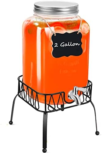 2 Gallon Drink Dispensers for parties, Beverage Dispenser with Stand, Stainless Steel Spigot, Fruit Infuser, Marker & Chalkboard, Mason Jar Glass Water Dispenser for Sangria Lemonade Juice