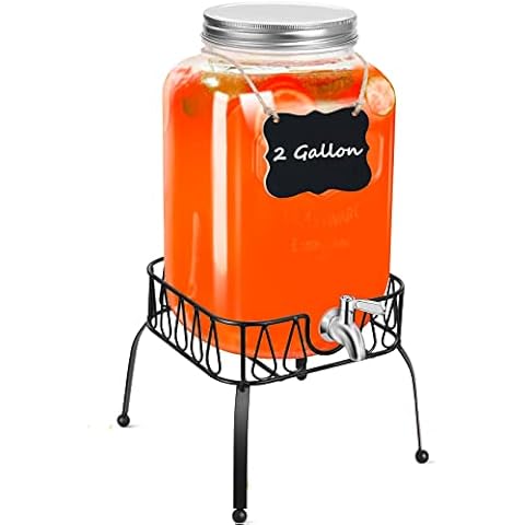 2 Gallon Drink Dispensers for parties, Beverage Dispenser with Stand, Stainless Steel Spigot, Fruit Infuser, Marker & Chalkboard, Mason Jar Glass Water Dispenser for Sangria Lemonade Juice Cover