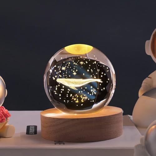 Image of 3D Whale Crystal Ball Night Light Lamp with Wooden LED Base - USB Powered Decorative Mood Light for Bedroom, Gifts for Kids, Women, Men, Home Decor (Whale Crystal Light)