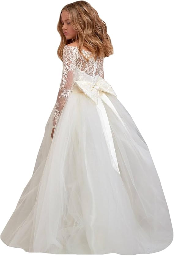 Lace Long Sleeves First Holy Communion Dresses Off Shoulder Flower Girl Dress Christmas Ball Gowns for Kids