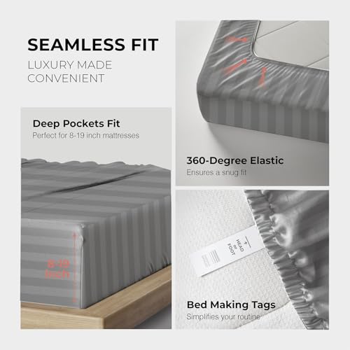 Image of THREAD SPREAD Egyptian Cotton Sheets King Size - 1200 Series Plush Collection Damask Sheet Set Egyptian Cotton (4 PC, Dark Grey Stripe), Luxury Sheet King Size, Soft, Cooling Deep Pocket Sheets