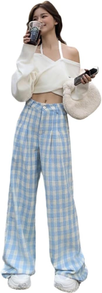 Womens Blue and White Plaid Casual Pants for Womens Spring Summer Loose Straight