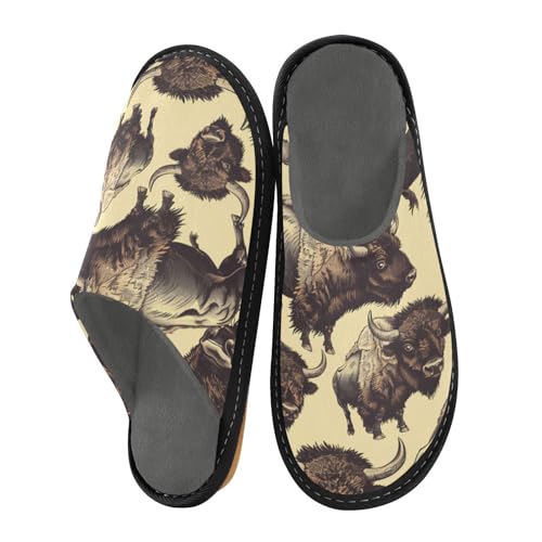 Slippers for Women Bison Pattern Print Artwork Vintage Soft Fuzzy Women's Slippers Indoor and Outdoor Shoes