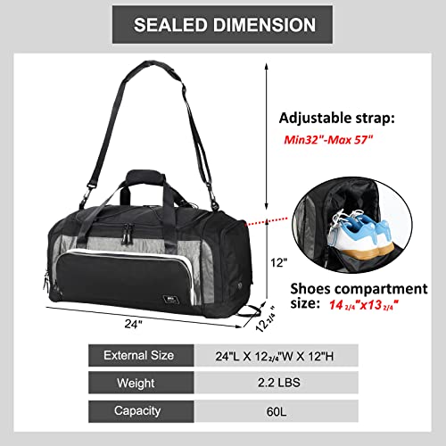 Mier Large Duffel Bag Men's Gym Bag With Shoe Compartment, 60L, Black #TOP4