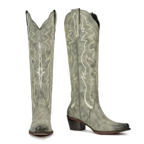 Image of wetkiss Cowboy Boots for Women Knee High, Low Heeled Stable and Comfortable | Knee High Cowgirl Boots,Western Boots with Embroidery,Pull On,Slip On,Non-slip Rubber Sole,Soft and Breathable PU Leather