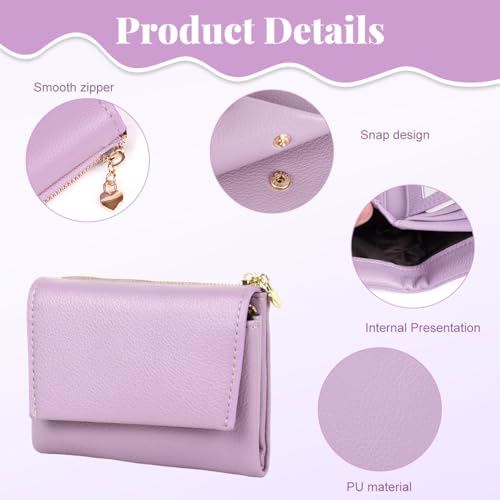 Image of PALAY Wallet for Woman Purple Leather Mini Purse Blocking Trifold Small Wallet with ID Window and Zipper Coin Pocket Casual Pure Color Coin Purse for womenfor Everyday Use