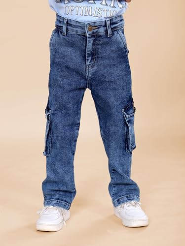 Image of KiddoPanti Boys Cargo Pants | 100% Cotton Twill | Comfortable Regular Fit | Elastic Waistband & Zip Fly | 6 Pocket Lower for Kids | Full-Length Casual Wear