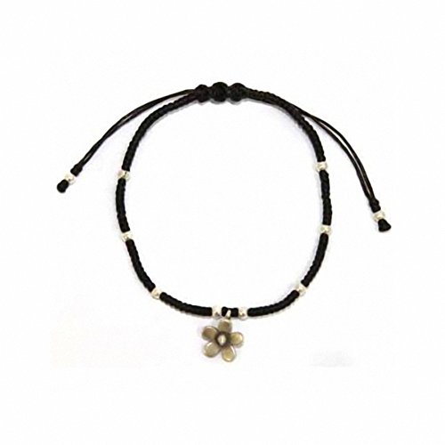 Black waxed & Silver Flower Bracelet-PULC-07