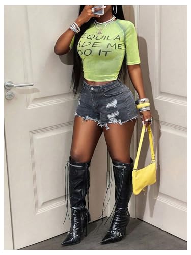 Image of RoseSeek Women's Sheer Mesh Letter Graphic Tees Short Sleeve Crew Neck Y2K Vintage Summer Going Out Crop Tops