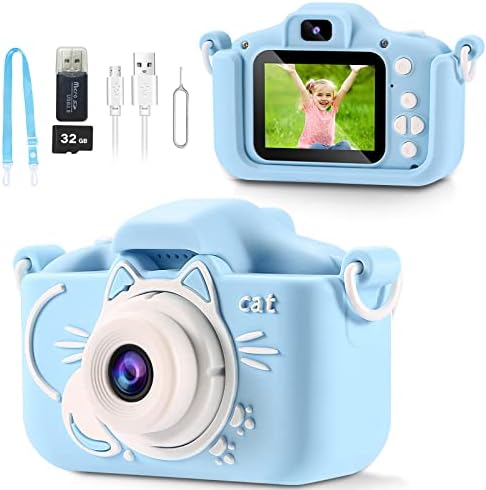 Kids Camera Toys for 3 4 5 6 7 8 Year Old Boy Girl Christmas Birthday Gifts for Boys Girls Dual Lens Selfie Camera for Kids Mini Children Camera，HD Digital Video Cameras for Toddler，with 32G Card-Blue