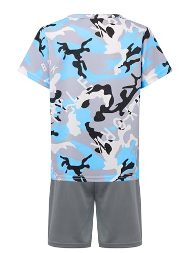 easyforever Kids Boys Sports Outfit Set Short Sleeve Camouflage Print T-shirt With Shorts For Soccer Basketball Workout Light Blue 13-14 Years4
