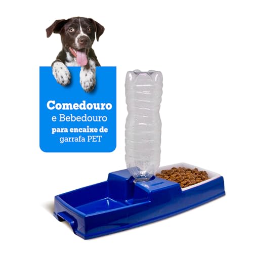 Comedouro e Bebedouro para Cães, Suporte para Garrafa Pet com Prato de Ração, Azul
