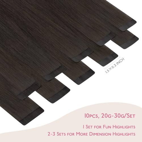 Image of WENNALIFE Tape in Hair Extensions Human Hair Dark Brown Tape in Extensions, 10pcs 20g 10 inch Remy Invisible Tape Ins Straight Colored Soft Real Human Hair Tape in Extensions Refill Set Extensions