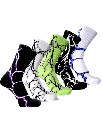 Image of Lightning Pattern Athletic Crew Socks, Multicolor Black White Green, Comfort Cushioned Cotton Blend, 5 Pack