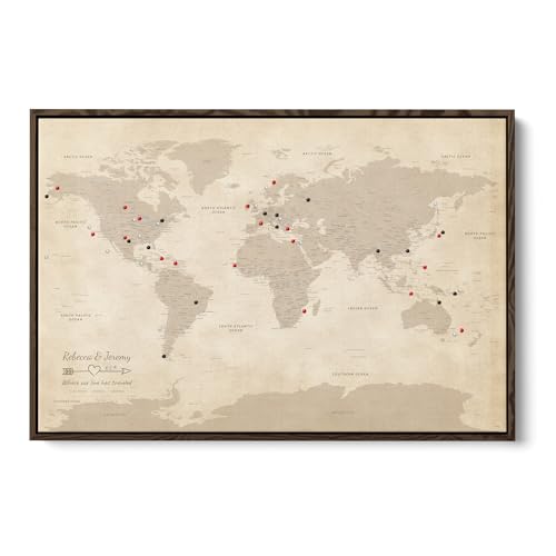 Image of Vintage Canvas Travel Pin Map of the World - Big Antique Style World Map with Pins - Personalized Framed Wall Art - Brown Float Frame - 34 inch x 51 inch
