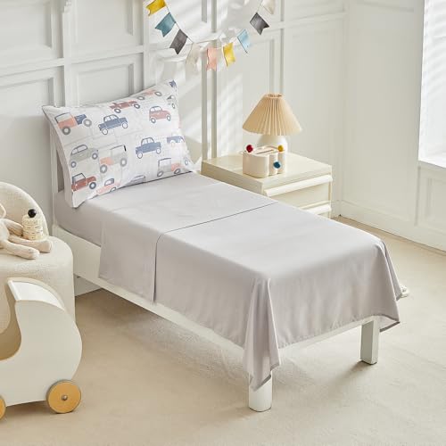 Image of JHXHMX Car Toddler Bedding Set for Boys,4 Piece Bed-in-a-Bag Toddler Comforter Set,Soft Crib Bed Set Including Comforter,Flat Sheet,Fitted Sheet and Pillowcase-Gray