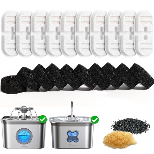 10 Packs de Filtres pour Fontaine à Eau pour Chat et 10 Packs d'Éponges de Remplacement, pour Fontaine Eau Chat en Acier Inoxydable de 2.8L FN-W22/FN-W22X