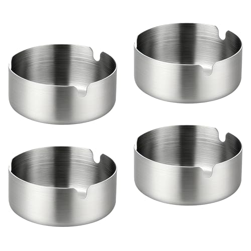4 PCS Stainless Steel Ashtray Set, 8cm Diameter Round Ash Trays with 3 grooves for Home, Office, Bars - Indoor & Outdoor Use (Silver)