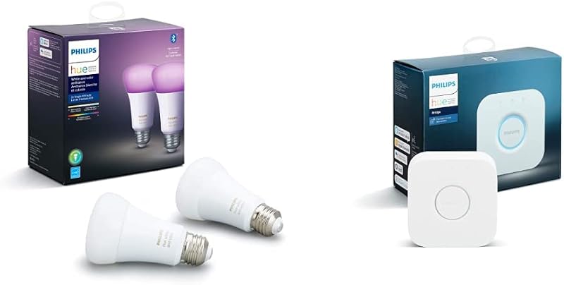 (1) Bridge with (2) Smart 60W A19 LED Bulb, White and Color Ambiance Color-Changing Light, 800LM, E26 - Control with Hue App - Works with Alexa, Google Assistant, Apple Homekit, and Matter