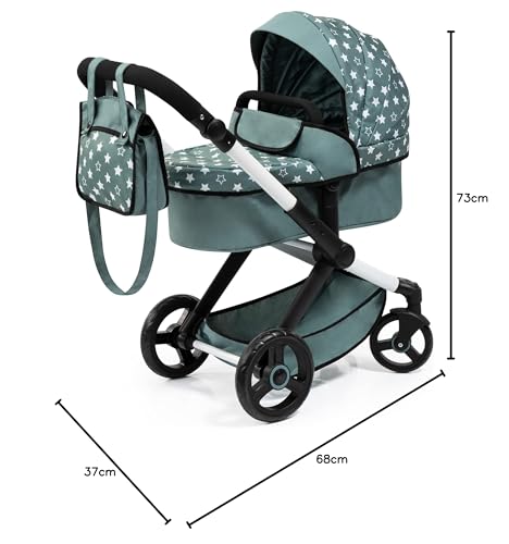 Bayer Design 17058AA Puppenwagen Xeo mit Tasche, höhenverstellbarer Griff, Schwenkschieber, wandelbar als Puppenjogger, bewegliche Vorderräder, integrierter Korb, Nordisches Grün