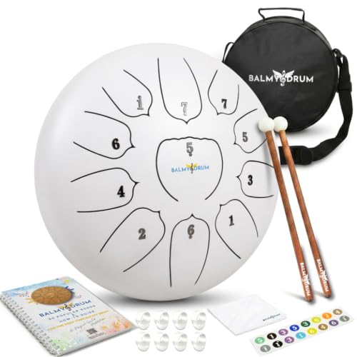 Balmy Drum Steel Tongue Drum 10 inch 11 Notes 440Hz Handpan Drum with Music Book Mallets Carry Bag Finger Picks Rain Drum for Outdoor Meditation Yoga Calming Instruments for Adults Kids (White)